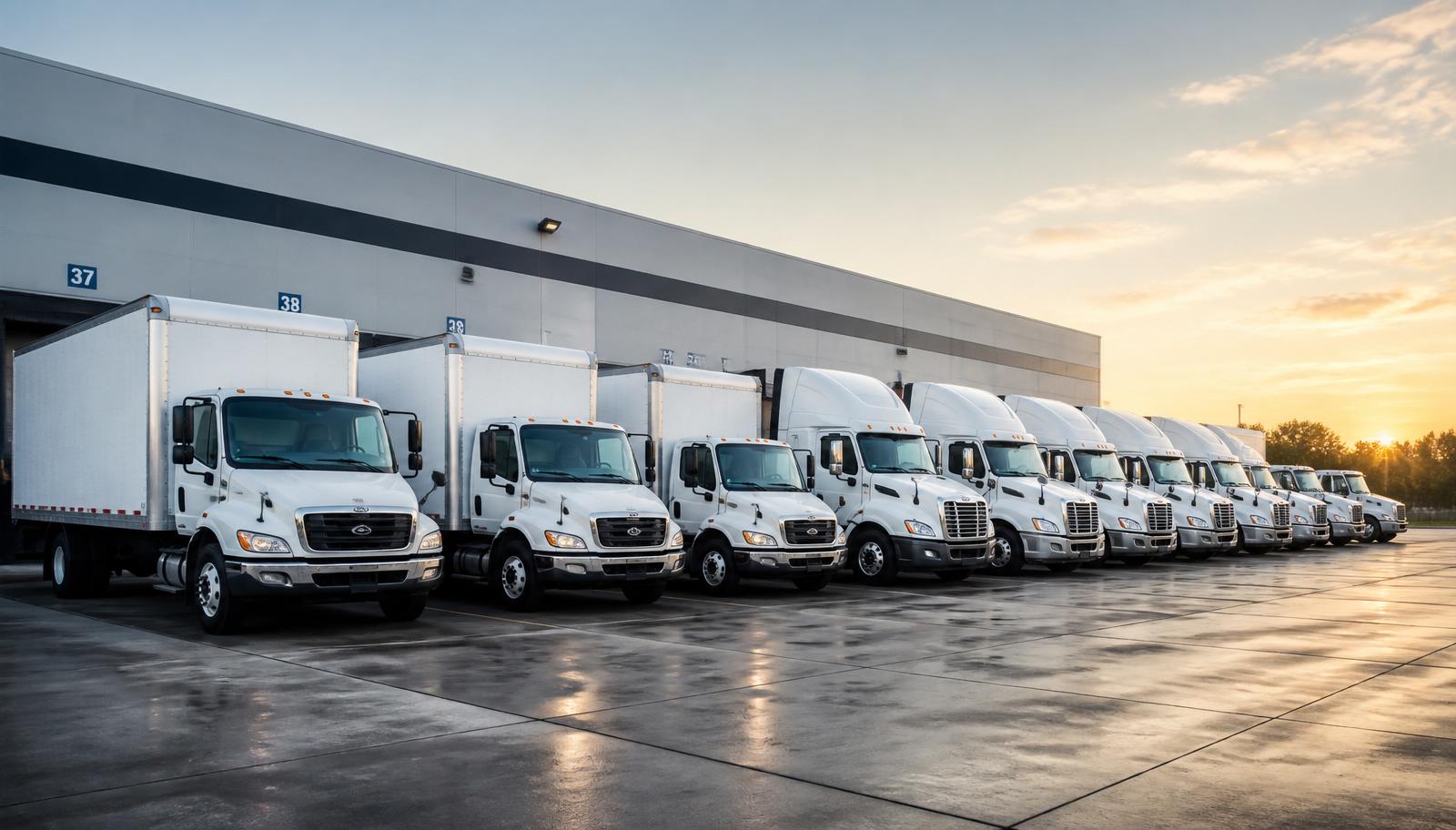 Trucks lined up at a logistics yard