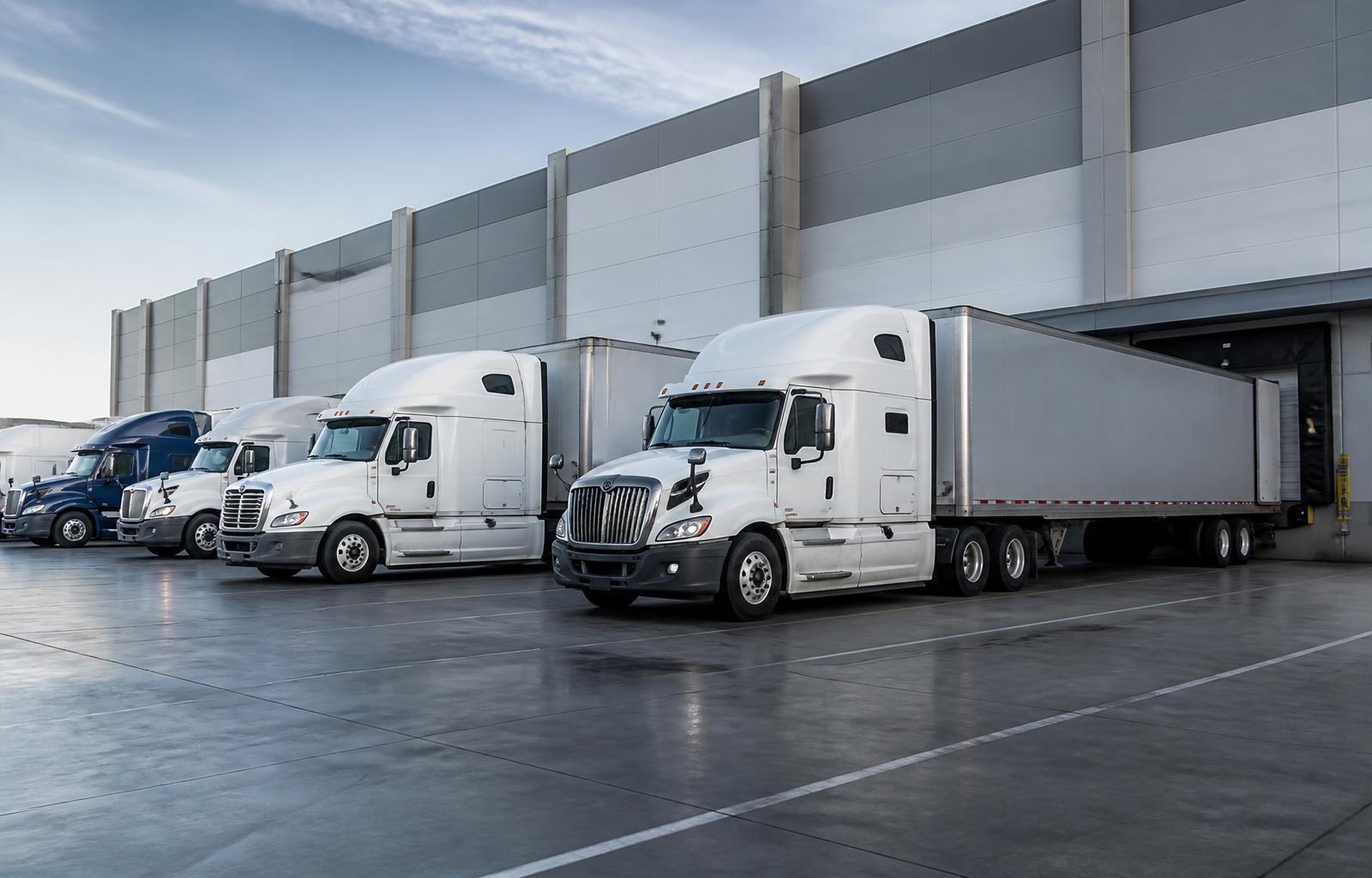 Semi trucks backed into loading docks at a distribution facility